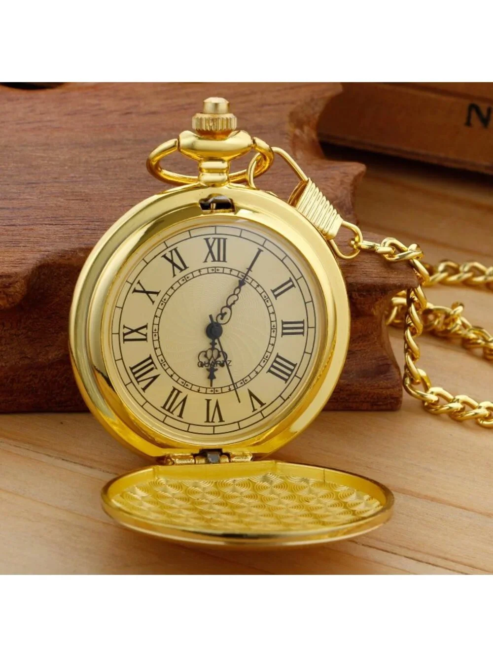 Men's Gold Analog Quartz Flower Arabic Numerals Movement Chain Clip Pocket Watch